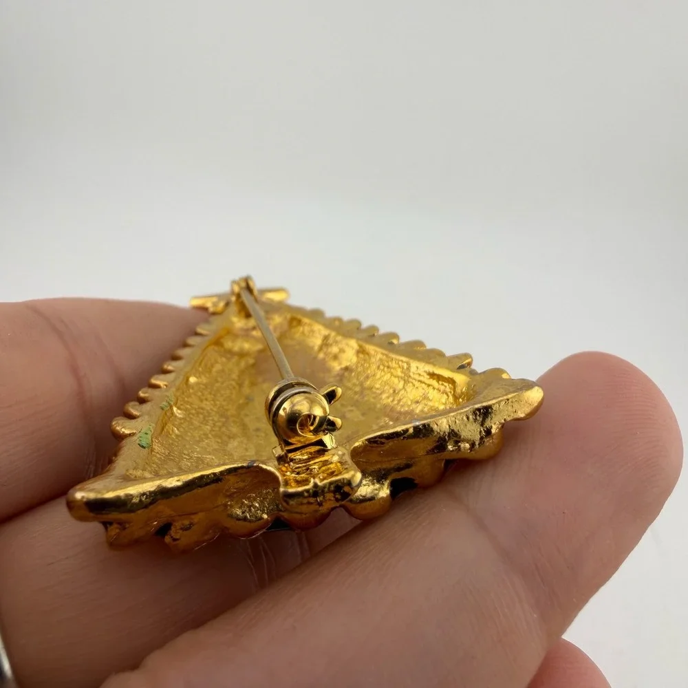 Gold Tone Green Christmas Tree Brooch Enamel Star Pin
